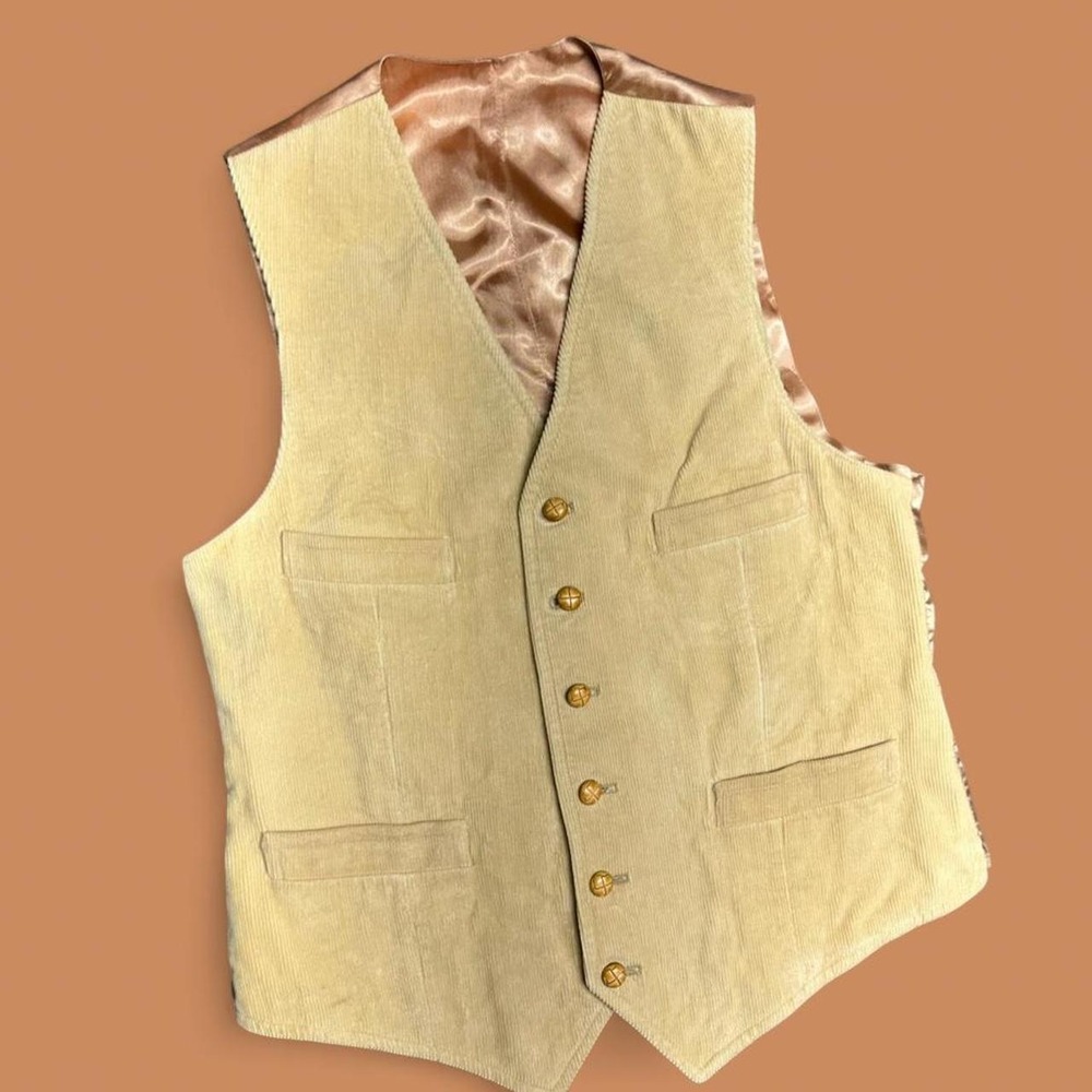 Vintage Corduroy Satin Button Up Vest L Tan Western Whimsygoth Academia 40